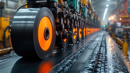 Fototapeta premium Close up of industrial machinery in motion at manufacturing facility