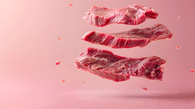 close-up of levitating meat on a pink background