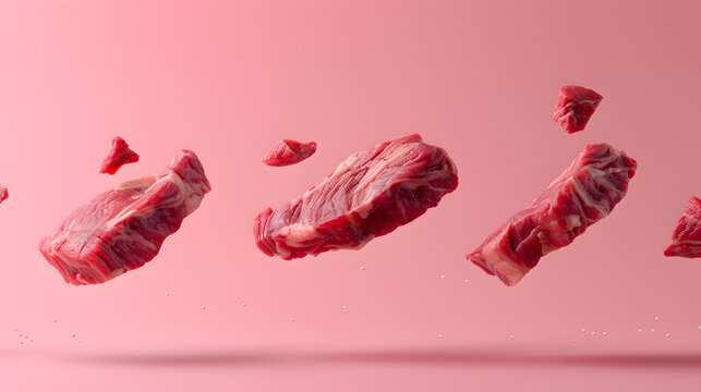 close-up of levitating meat on a pink background