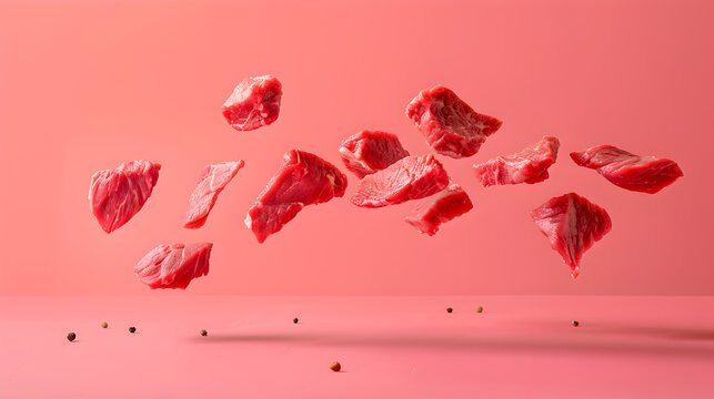 close-up of levitating meat on a pink background