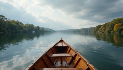 Obraz premium Wooden boat sailing on calm lake surrounded by autumn trees 