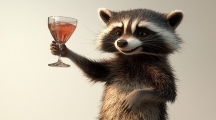 Obraz premium Playful raccoon holds a cocktail in celebration during a sunny afternoon gathering with friends