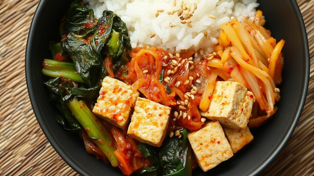 Korean vegetable tofu stir fry Yache Dubu Bokkeum served with rice top down view of yache dubu bokkeum stir fried tofu with assorted vegetables served with rice