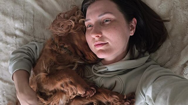 Red cocker spaniel peacefully sleeping next to woman, showing deep bond and human-dog friendship