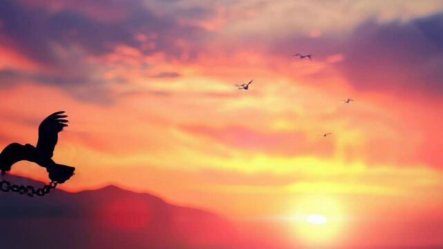 Bird on chain silhouette against colorful sunset sky, freedom concept