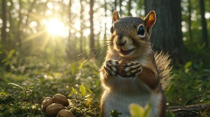 Obraz premium A cheerful squirrel enjoys a nut in the forest.