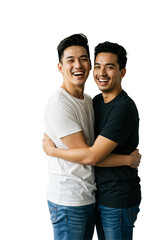 Two happy young adult Asian men in casual wear hugging and smiling affectionately at the camera in a studio portrait with a transparent background.