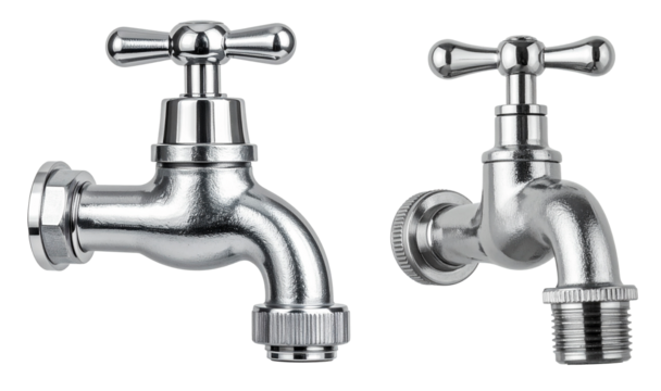 silver faucet with rotator handle in two different angle shots isolated on white