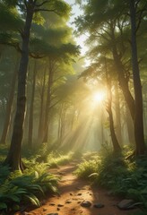 Golden sunlight streams through emerald canopy, dappling forest floor ,  outdoor,  undergrowth,  forest