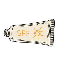 SPF suncream protection cosmetics for summer beach vacation time. Sunblock tube from sun. Skincare beauty health cream from uv rays