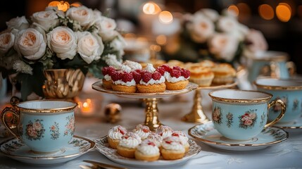 Naklejka premium Elegant desserts and floral arrangements on a lavish table setting.