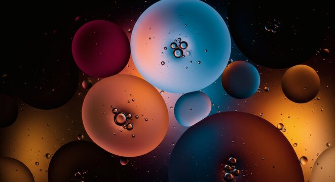 Abstract Oil Bubbles Floating on Water with Vivid Colors Reflecting Light and Creating a Mesmerizing Display of Microscopic Worlds and Intermolecular Dynamics