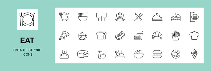 Food and drinks line web icons. Restaurant, Fast food. Burger, donut, pizza, ice cream, coffee. Editable stroke.