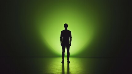 Obraz premium Silhouette of a person standing alone against a vibrant green backdrop in a minimalist space