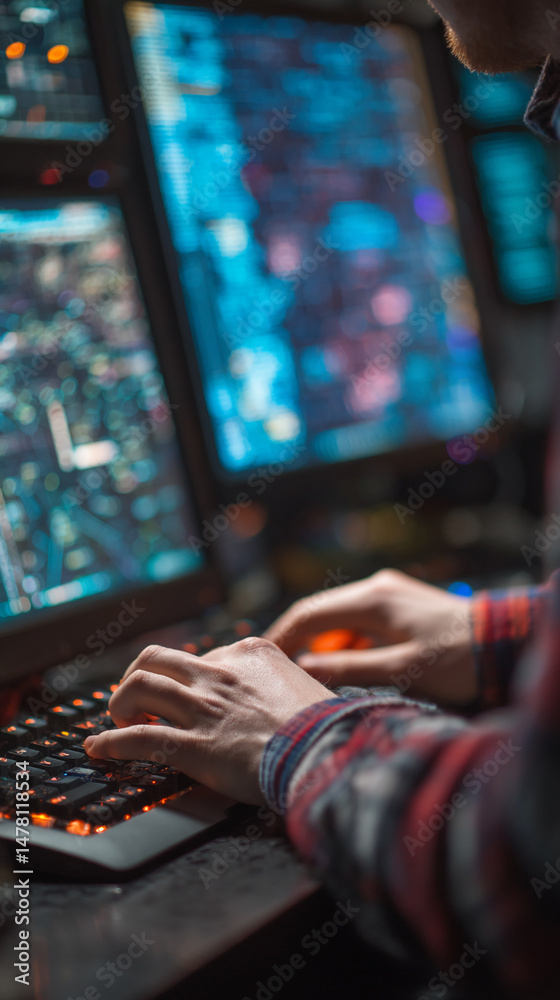 Poster close-up of hands typing on illuminated keyboard, multiple monitors displaying blue code in backgrou