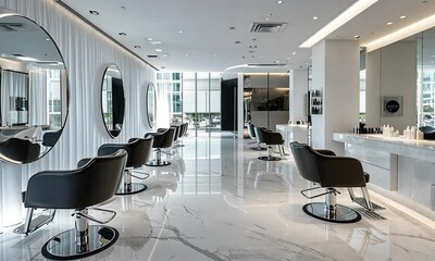 Modern, elegant salon with polished marble floors and black styling chairs.  Large circular mirrors and sleek white walls create a sophisticated atmosphere.  Natural light streams through large 