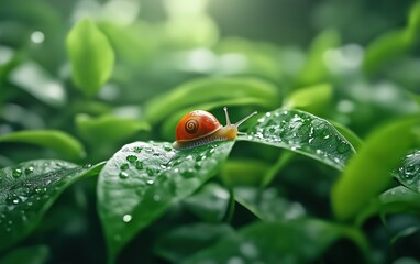 A Tiny Snail on a Dew-Kissed Leaf: A Peaceful Nature Scene