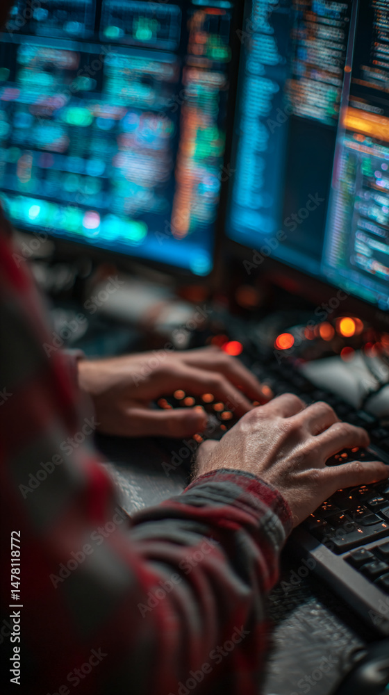 Poster close-up of hands typing on keyboard, illuminated screens displaying code in background, suggesting 