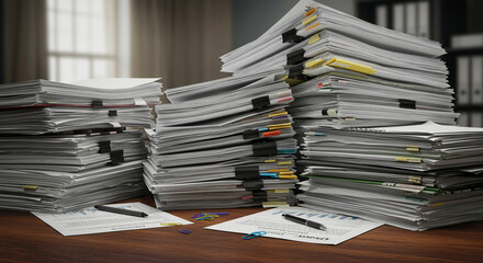Overload of paperwork stacks representing administrative burden and backlog