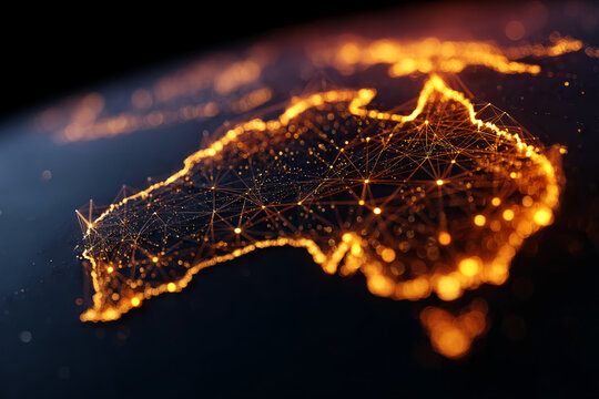 Abstract image of Australia depicted as a network of glowing points and lines, symbolizing connectivity and global communication