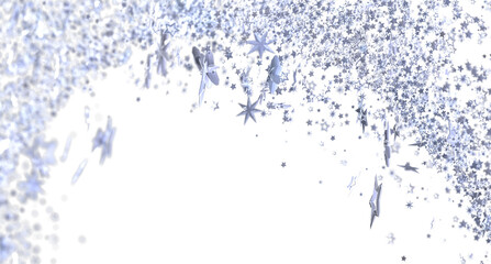 Sparkling silver stars falling on white. Festive, magical background for design.