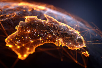 Illuminated digital map of Australia, showcasing network connections, representing global communication, technology, and data flow, ideal for tech or travel themes