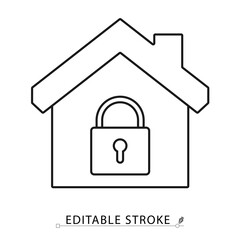 House with closed padlock icon in minimal black outline style on white background. Editable stroke vector for home security, protection, access control or privacy. Concept: house protection.