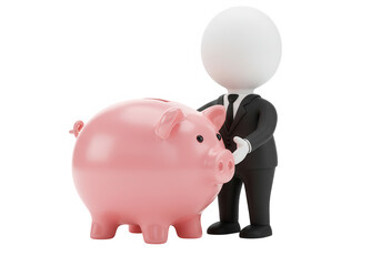 3D Man with pink piggy bank isolated on transparent background