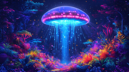 Fototapeta premium A vibrant, glowing jellyfish illuminates a colorful underwater scene filled with diverse marine life