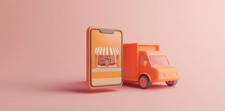 Online Store Delivery: Mobile App and Delivery Truck in Minimalist Style