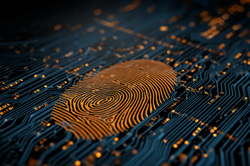 Close-up of orange fingerprint on dark blue circuit board, showcasing digital security and biometric technology concept