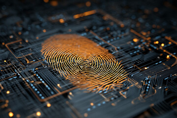 Close-up of orange fingerprint on dark circuit board, representing digital security, identity, and technology, ideal for tech concepts