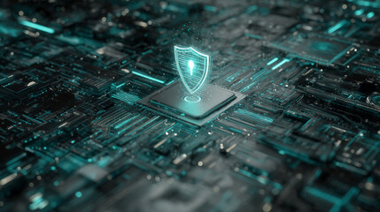 Cybersecurity concept image featuring a glowing shield icon on a circuit board, symbolizing digital protection and data security