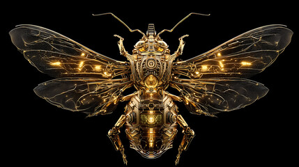 hyper-detailed surreal golden creature, hybrid of insect and machine