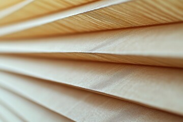 Closeup of XL Beige Pleated Blinds Folded in Window Opening, Modern Bottom-Up Privacy Shades for Stylish Home Interiors