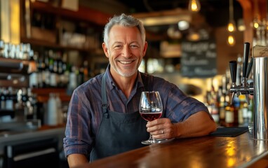 Smiling Bartender with a Glass of Wine in a Lively Bar