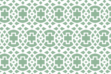 seamless pattern with christmas tree, geometric lattice or trellis-like repeating pattern in green and white, horizontally elongated oval or eye-shaped forms, traditional trellis designs, 