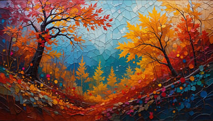 Abstract Autumn Landscape with Vibrant Red, Orange, and Yellow Leaves - A Colorful and Artistic Scene of Fall Trees and Shimmering Background