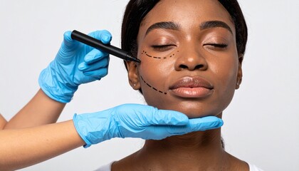 A woman's face marked for cosmetic surgery. The marks indicate the planned areas for enhancement. A medical professional in gloves is preparing for the procedure.