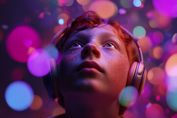 portrait of a young boy in headphones looking up in wonder, surrounded by floating abstract neon shapes