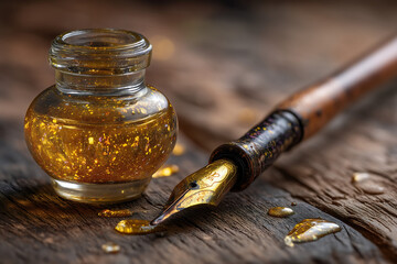 A macro close-up photo of a traditional calligraphy brush resting next to a glass ink bottle filled with shimmering golden ink