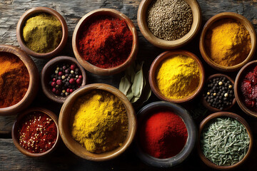 top view of various colorful spices in small bowls