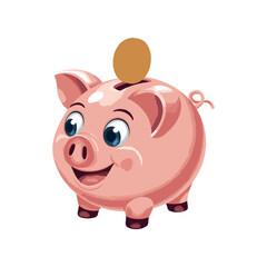Happy Pink Piggy Bank with a Golden Coin Saving Money Illustration