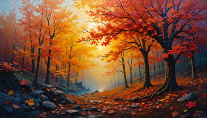 Autumn Forest with Golden and Red Leaves on the Ground, Sunlight Filtering Through the Trees - A Scenic Fall Landscape in a Peaceful Forest Path