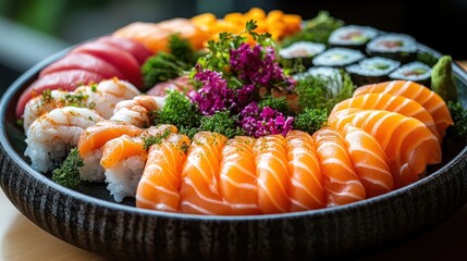 Colorful assortment of fresh sushi and sashimi on a platter.