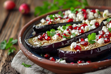 Baked eggplant slices topped with feta, pomegranate seeds, and herbs