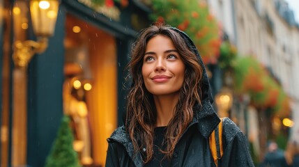 Naklejka premium Woman shopping urban independent concept. A woman with wet hair smiles in the rain, surrounded by vibrant shopfronts and flowers.