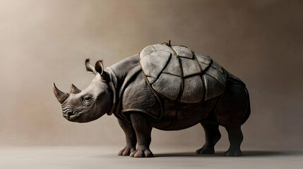 Obraz premium A rhino carries a large, protective shell-like pack. It stands in profile against a muted background