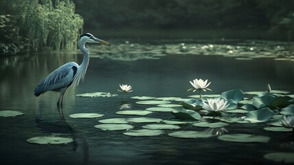 A serene interpretation of . a beautiful landscape showcasing a heron fishing in a calm pond surrounded by lily pads