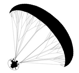 Silhouette of paraglider with pilot and slings. Paraglider with a propeller and a motor. Silhouette of a large parachute with a person floating in the sky, extreme sport.